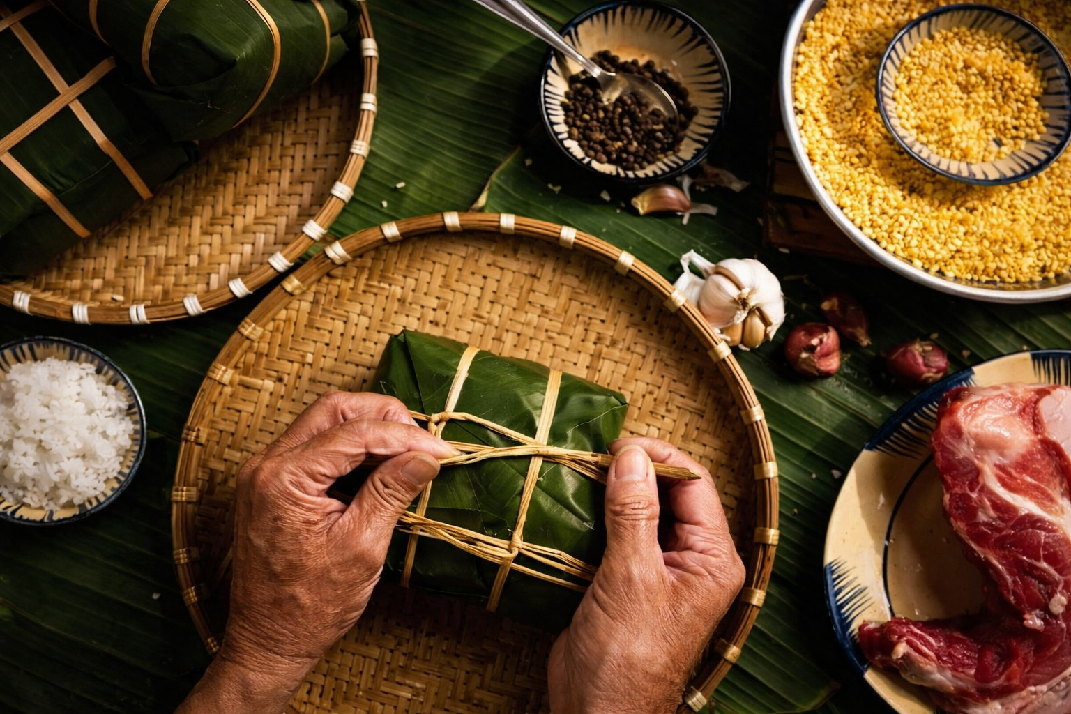 Hình ảnh làm bánh chưng ngày Tết với lá dong, gạo nếp và đậu xanh